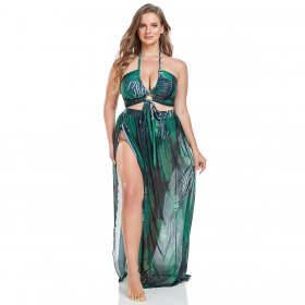 Women's plus-size printed three-piece bikini swimsuit set
