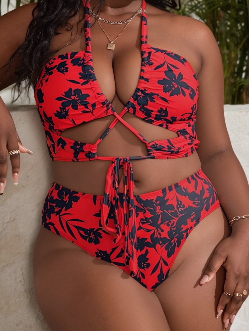 Women's plus-size printed three-piece bikini swimsuit set